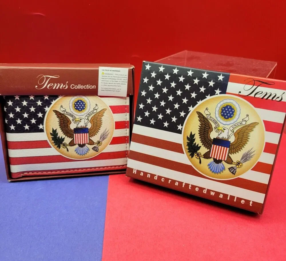 US Flag wallet with Logo Genuine PU Faux Leather Graphic Design Box Gift